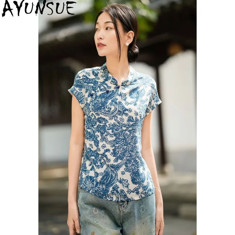 

AYUNSUE 100% Silk Women's Blouses Chinese Style Stand-up Collar Shirts Elegant Short Sleeve Tops for Woman Clothes Summer Одежда