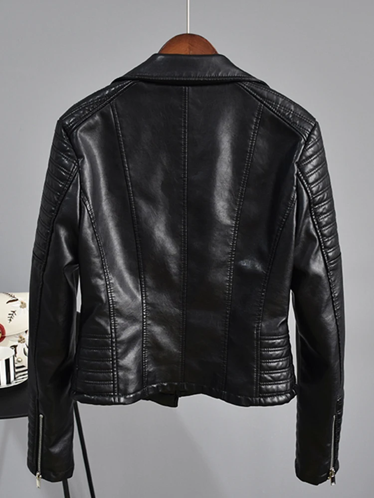 Chaqueta de cuero para mujer, abrigo Punk negro con cuello vuelto de Pu para motocicleta, prendas de vestir exteriores con cremallera y remaches