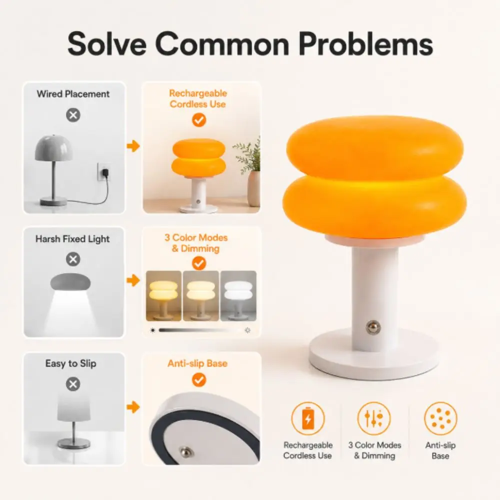 Touch Dimmable LED Desk Lamp Stepless Dimming 3-Speed Brightness Table Lamp Battery Operated Smooth Texture Mushroom Lamp