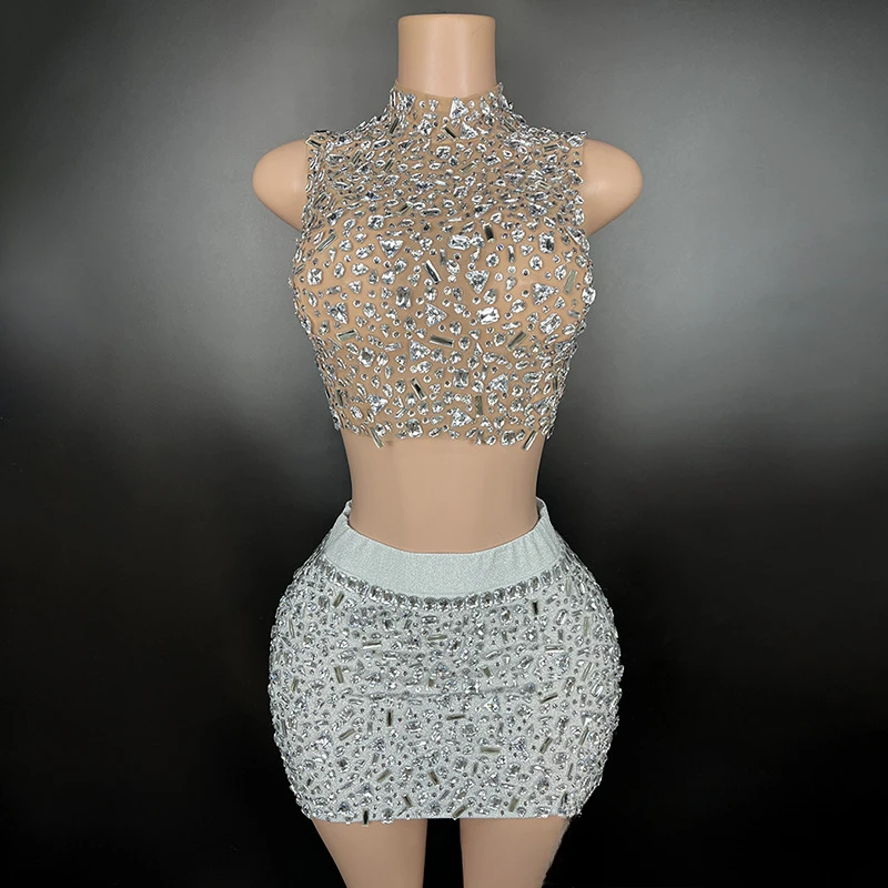 Nightclub bar performance clothes star with the same fashionable neck rhinestone vest short skirt waist