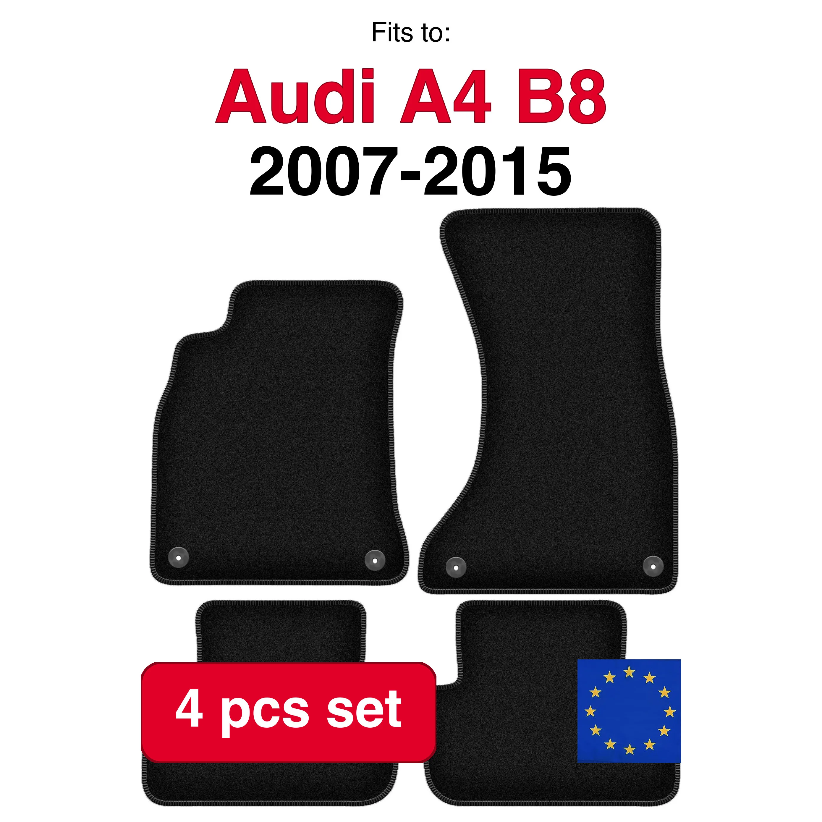 Image of Veloursteppich-Set für Audi A4 B8 Limousine, Kombi, Avant, Allroad (2007-2015) - Schwarz (4-teilig) passendes Auto-Fußmatten-Set