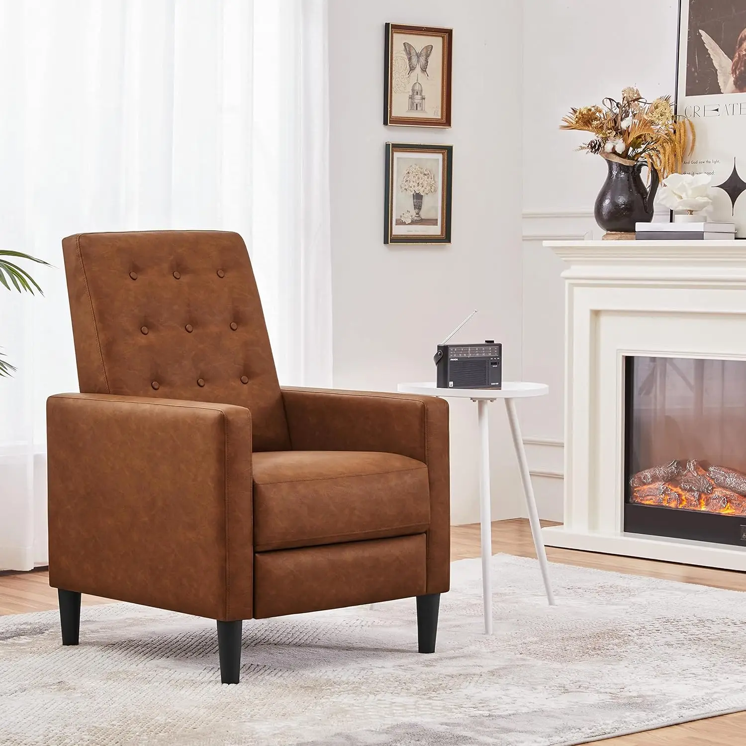 Faux Leather Recliner Sofa Mid-Century Modern Single Reclining Chair Adjustable Back & Footrest Tufted Upholstered Sofa