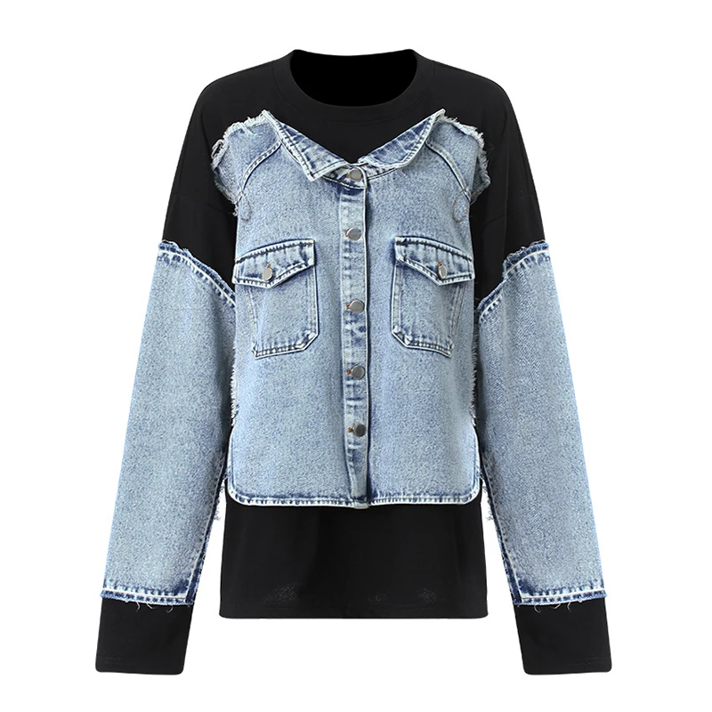 ZOCI موضة الدنيم المرقعة وهمية 2 قطعة البلوفرات المرأة الجولة الرقبة فضفاضة رمادي طويل الأكمام البلوز المد الجديد