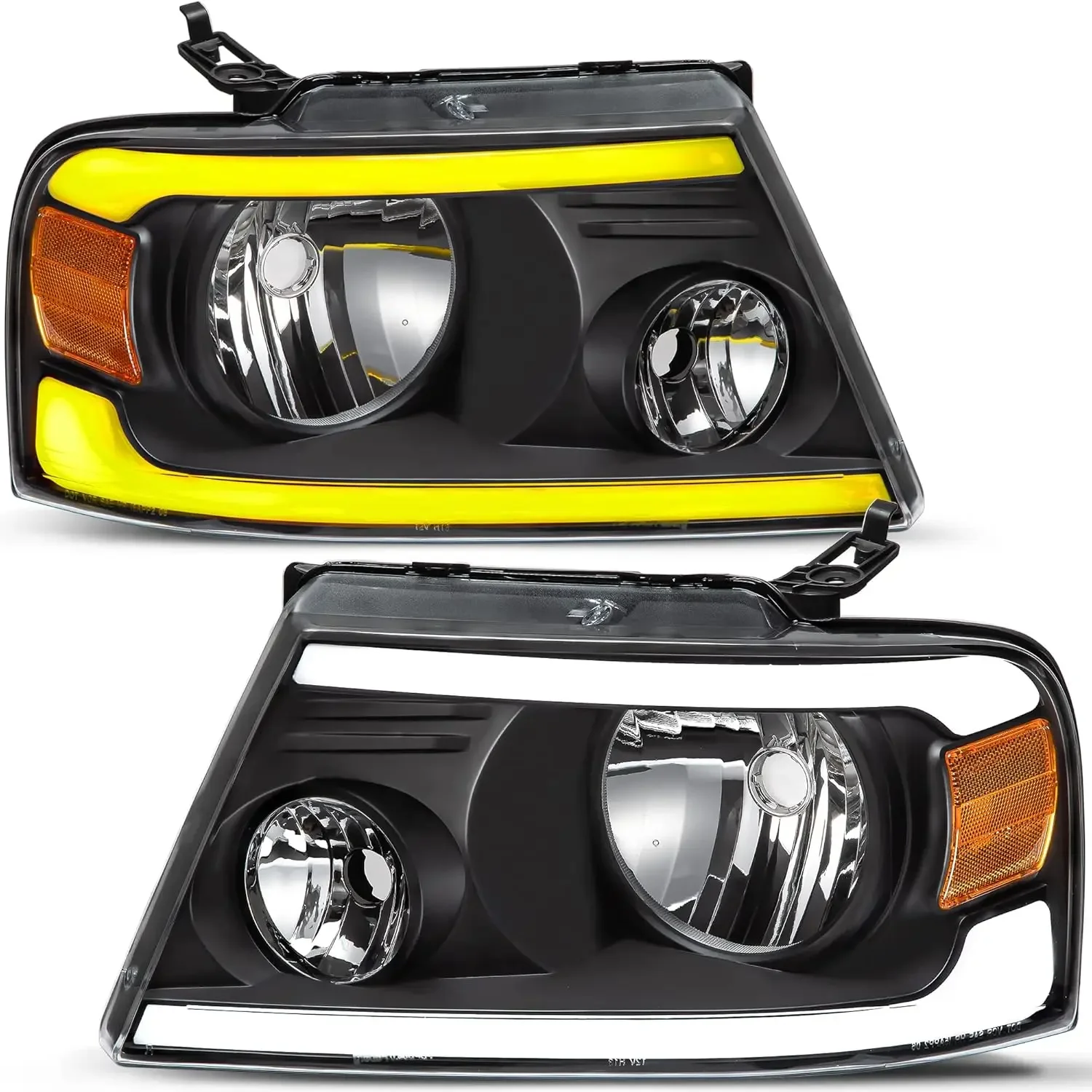 

LED DRL Headlight Assembly Replacement for 2004-2008 Ford F150 F-150 Headlamps w/Sequential Turn Signal Clear Lens Black Housing