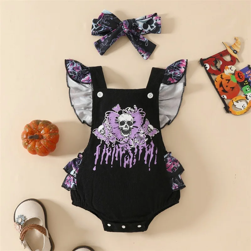 

VISgogo 0-18Months Baby Girl Halloween Fall Romper Skull Print Flutter Sleeve Tiered Ruffled Overalls Jumpsuits Headband Outfits