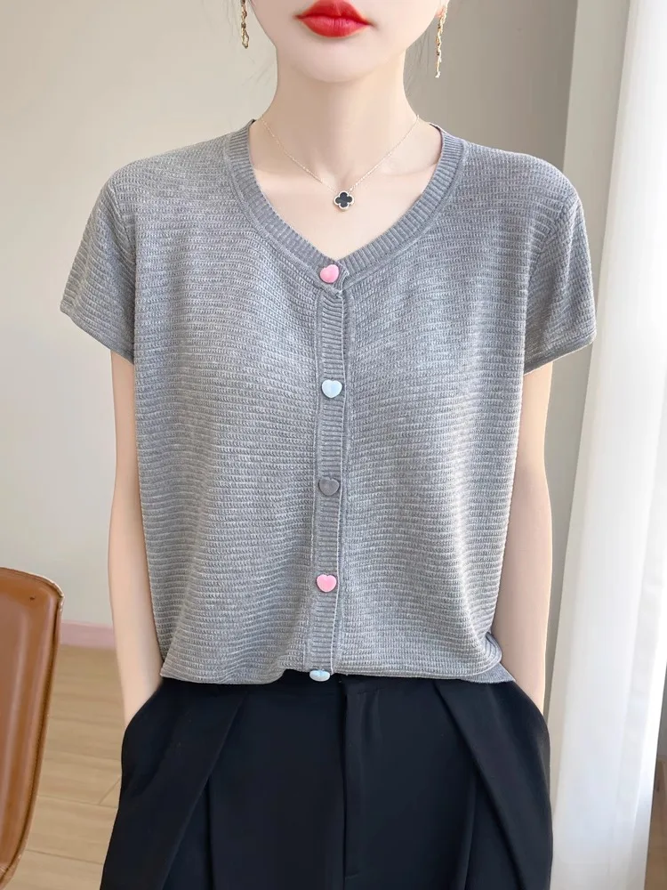 

Soft Wind Heart aped Button Вязаный кардиган ort Sve Open Женский T irt Летний модный антивозрастной Flng Sv...