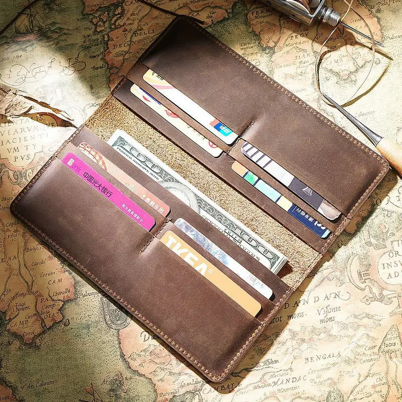 GENODERN skóra Crazy Horse długie portfele dla mężczyzn oryginalne męskie portfele skórzane Vintage męski portfel