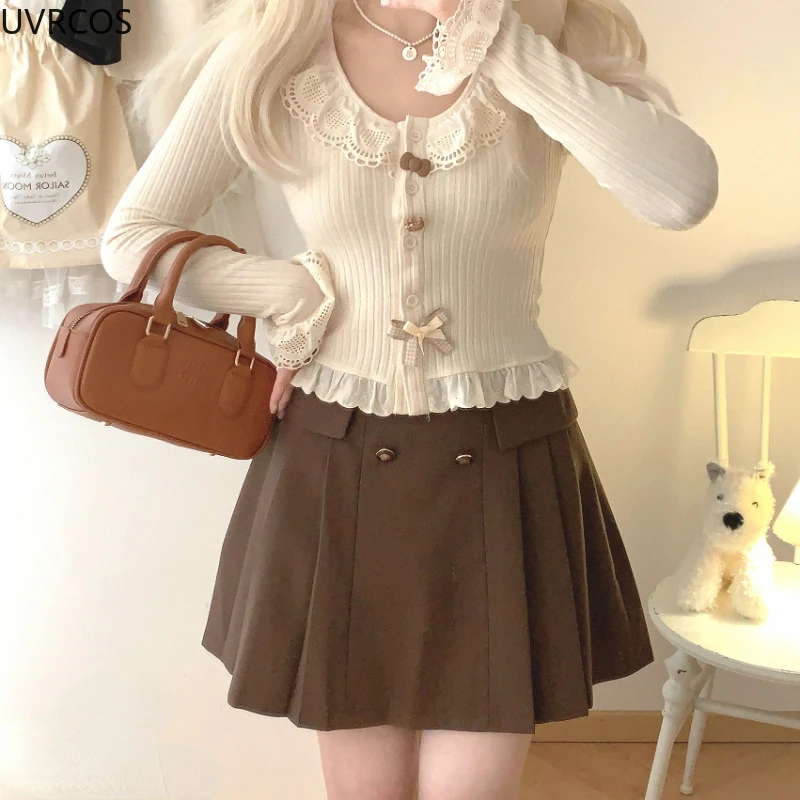 Sweet Lolita Style Short Cardigan Women Kawaii Lace Patchwork Ruffles Bow Knitted Coat Korean Fashion Chic Buttons Cute Crop Top