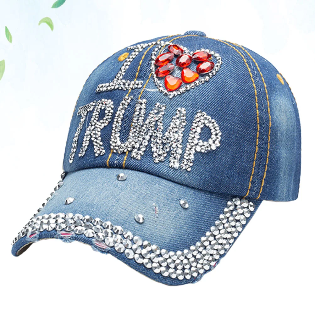 Trump 2020 Baseball Denim Sun Hat Rhinestone Presidential Election Headdress Peaked (Blue I Love Trump)