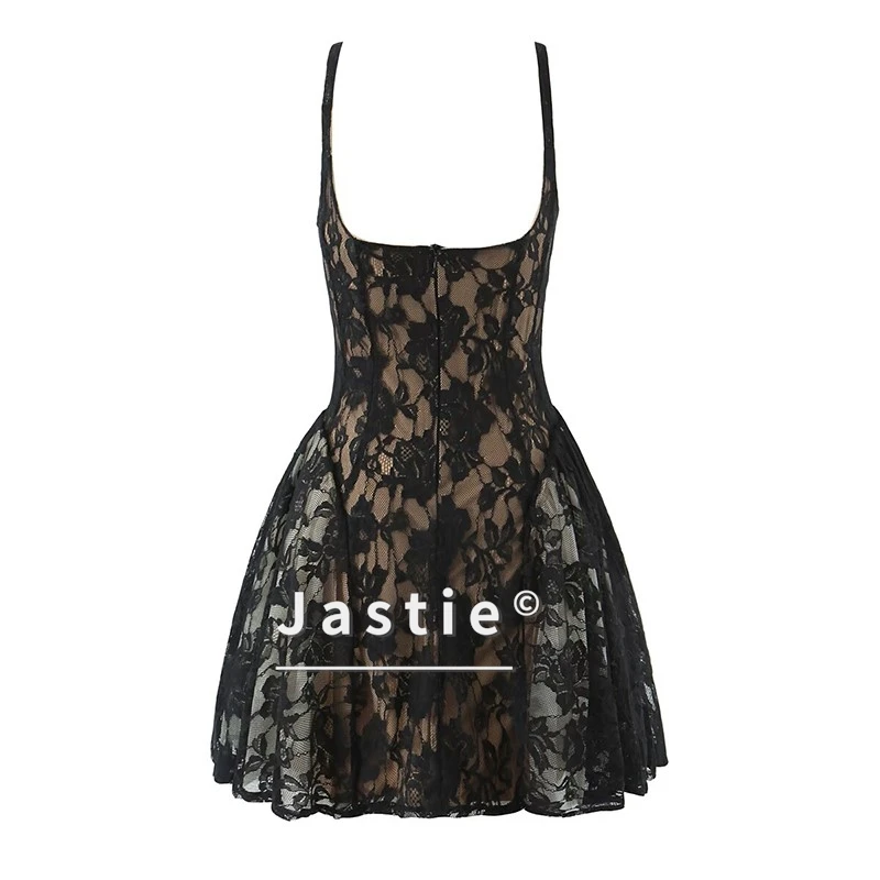 2026 여성 섹시 스퀘어 칼라 민소매 레이스 드레스 베이지 블랙 여름 볼 가운 파티 미니 드레스