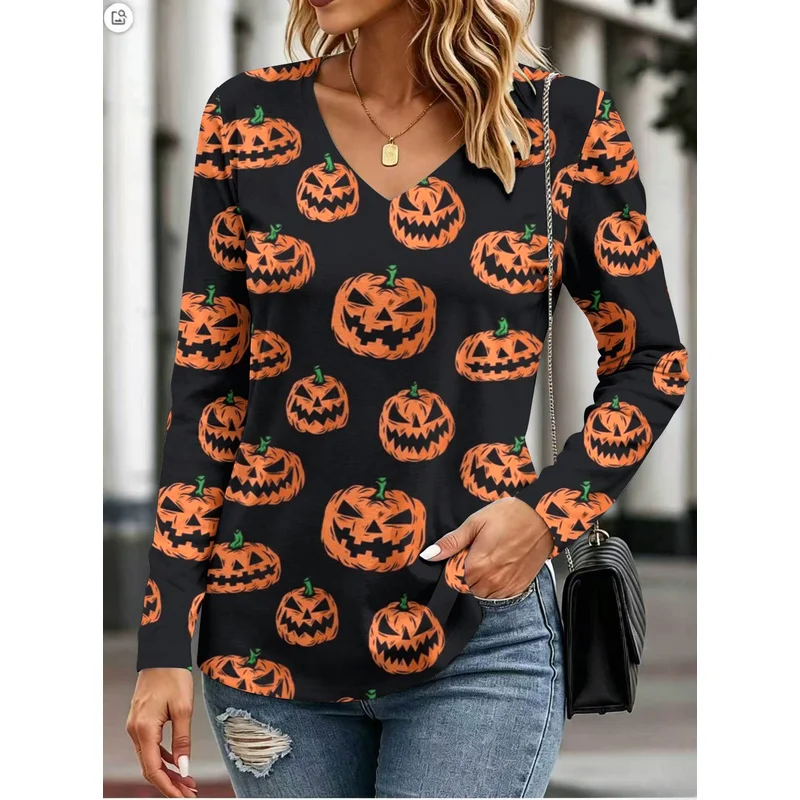 European and American Halloween women's printed clothing collared long-sleeve shirt loose and comfortable versatile fashion item