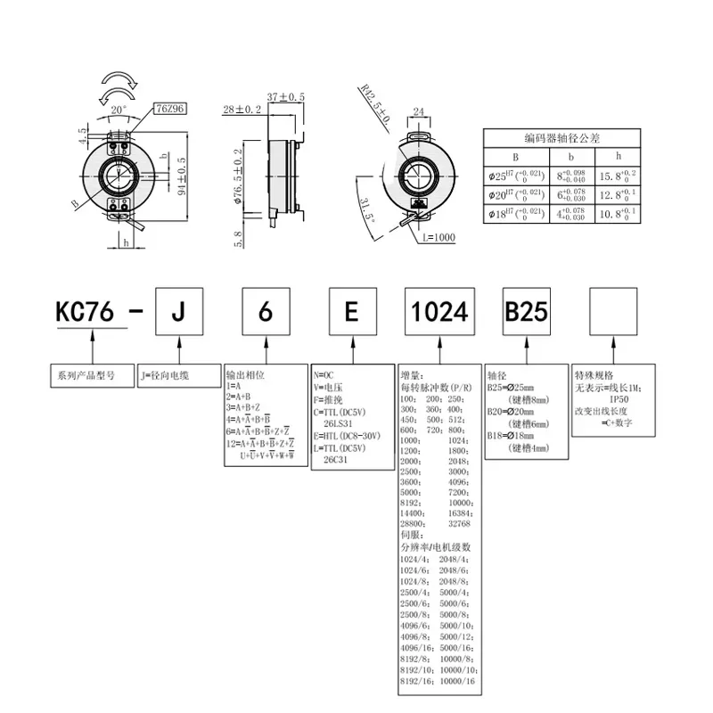 Rotary Encoder Incremental KC76 High Pulse 100, THL Shanghai Optoelectronics Incremental Encoder