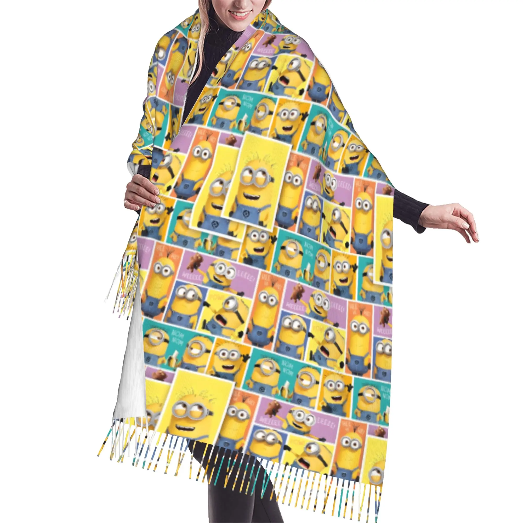 Custom Female Long M-Minioned Anime Scarves Women Winter Fall Soft Warm Tassel Shawl Wrap Manga Cartoon Scarf