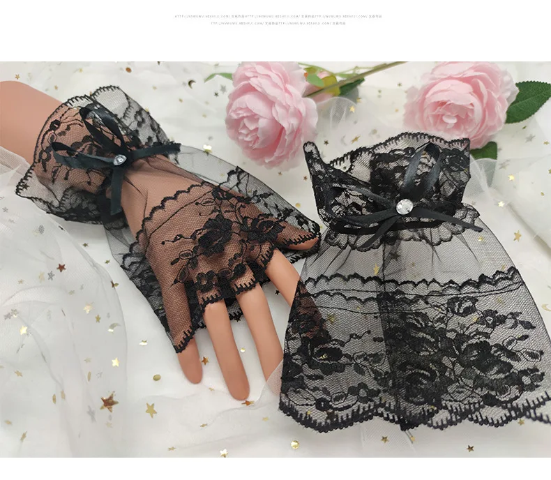 Halloween Black Gloves Short Lace Lace Bow Drill Lolita Anime Costume Mori Mesh Sleeves Wedding Gloves for Bride