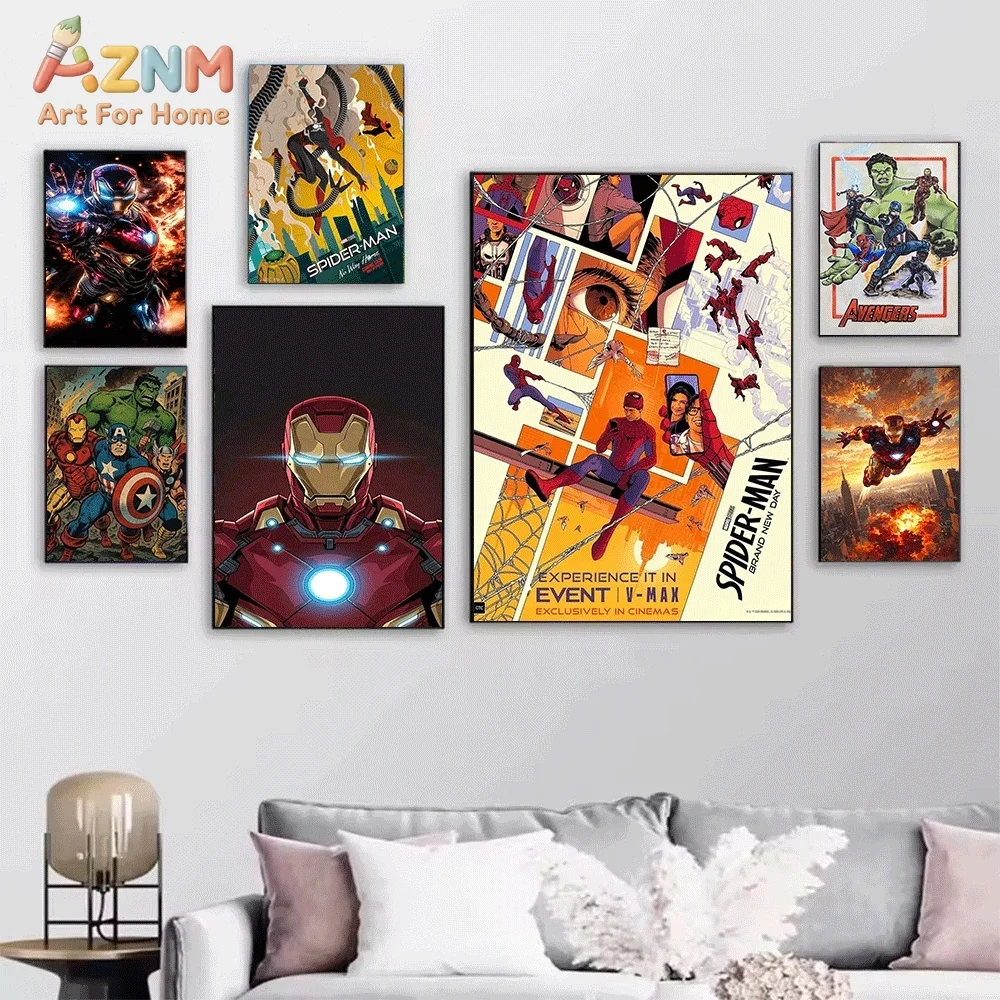 AZNM Superhero Multi‑Character Collage Canvas Wall Print, Spider‑Man Black Panther Thor Iron Man Dynamic Modern Comic Graphic