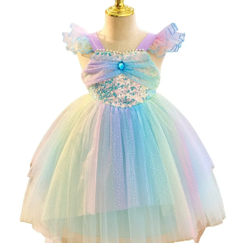 Fly Sleeve Girls Princess Dress 2026 Summer Children's Sling Dance Dress Fairy Tale Gradient Purple Performance Dress 3-10T