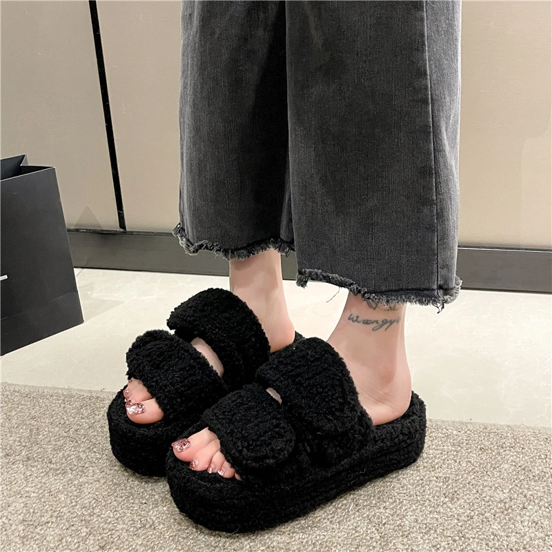 Female Shoes House Slippers Platform Fur Flip Flops Slides Med Fashion Flock 2023 Plush Massage Flat Luxury Basic Rubber Autumn