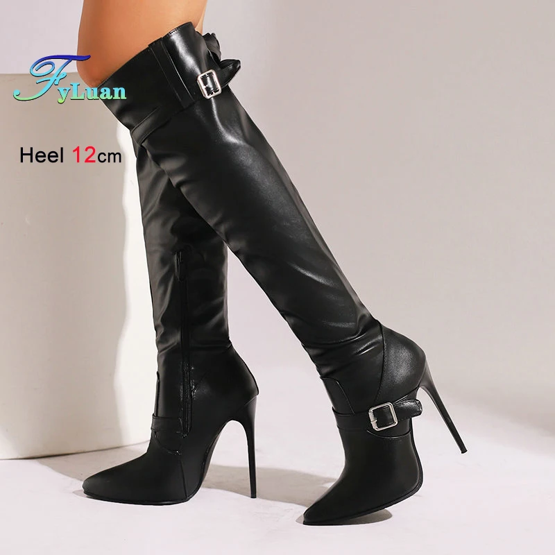 

Осенне-зимние женские ботильоны на шпильке с пряжкой, сексуальные длинные сапоги на тонком каблуке 12 см, из эластичной кожи, с заостренным носком.