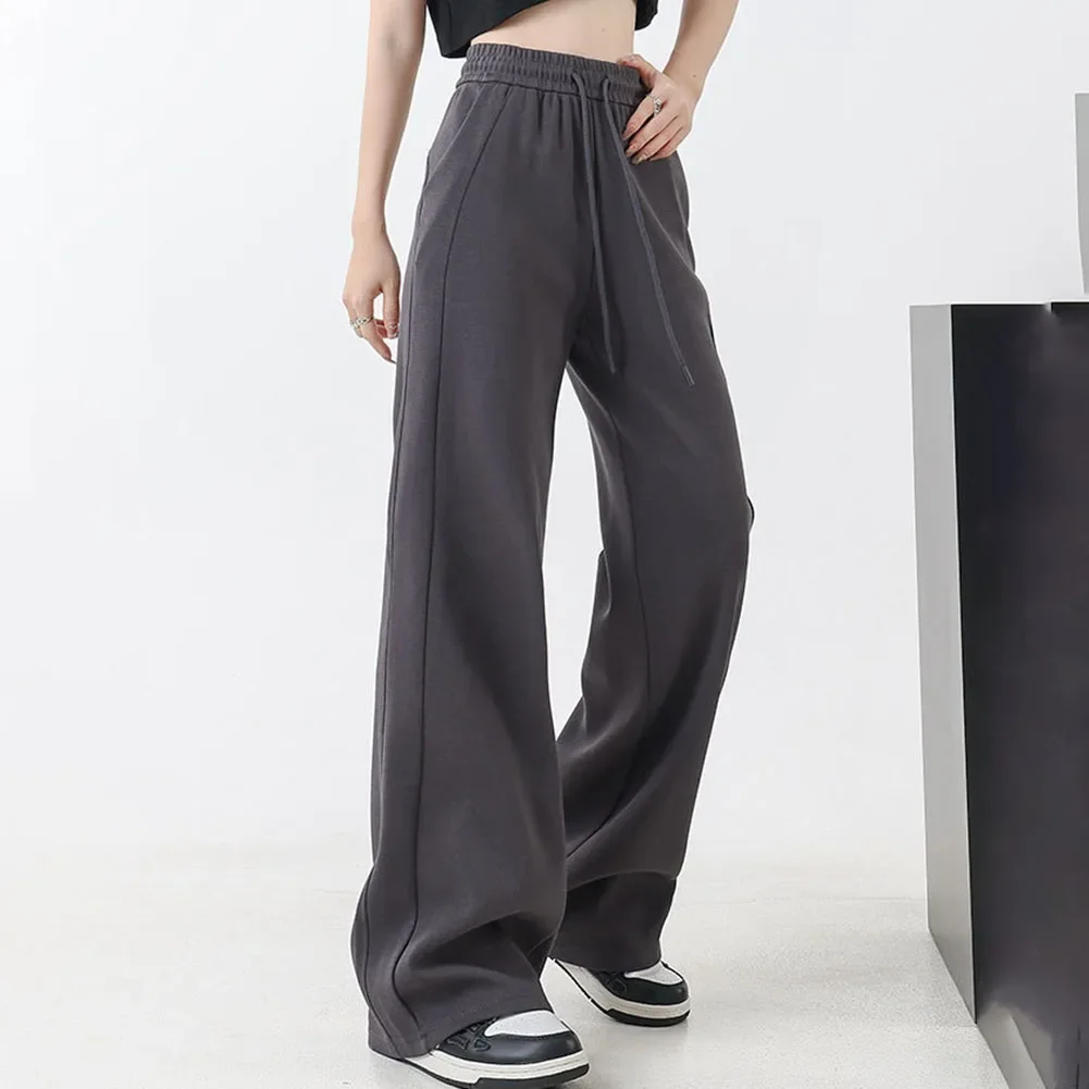 بنطال رياضي كاجوال مستقيم الساق عالي الخصر ملابس يومية غير رسمية قماش مرن صغير نمط لون سادة ملابس متعددة الاستخدامات