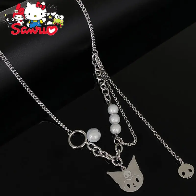 Sanrio Ins Kuromi Cinnamoroll Pearl Necklace Schoolgirl Paneled Reflective Statement Collarbone Chain Stylish Versatile Necklace