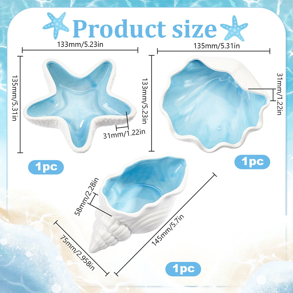 3 PCS Starfish Shape Ceramic Jewelry Tray Aqua Shell Trinket Dish Conch Shape Jewelry Tray Ring Earring Holder Ocean Themed