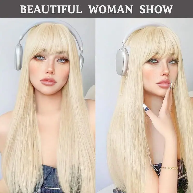 Women's fashionable long straight bangs, white gold color, synthetic wig, high-temperature fiber