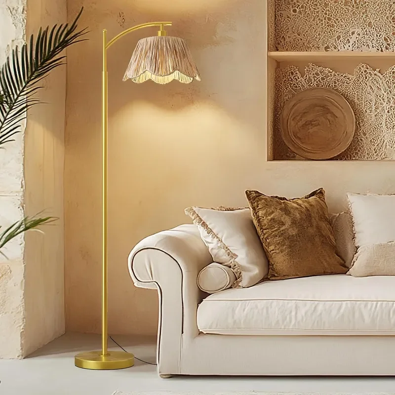 Arc Floor Lamp for Living Room Rattan Boho Floor Lamp Decor with Hand Woven Shade Foot Switch Gold Metal Base Pole Farmhouse