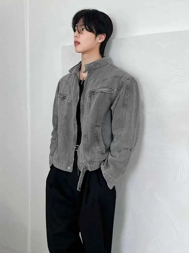 

SYUHGFA Stand Collar Solid Color Men's Denim Jackets Zipper Patchwork Korean Style Casual Tops Loose Short Male Coat 2025 Autumn