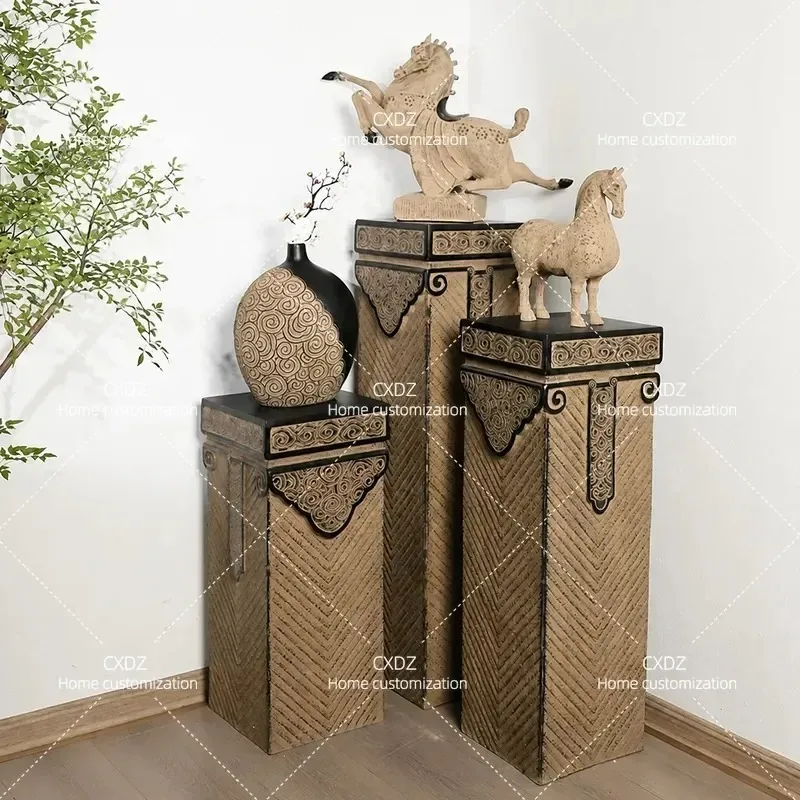 New Chinese Zen Antique Auspicious Cloud Display Column Floor Ornament Horse Peg Home Furnishing Living Room Entrance