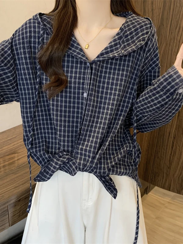 

plus Size Women's Plaid Long Sve Hooded irt Jaet Slimming Casual Sle Spring 2026 Blue een Cheered Top