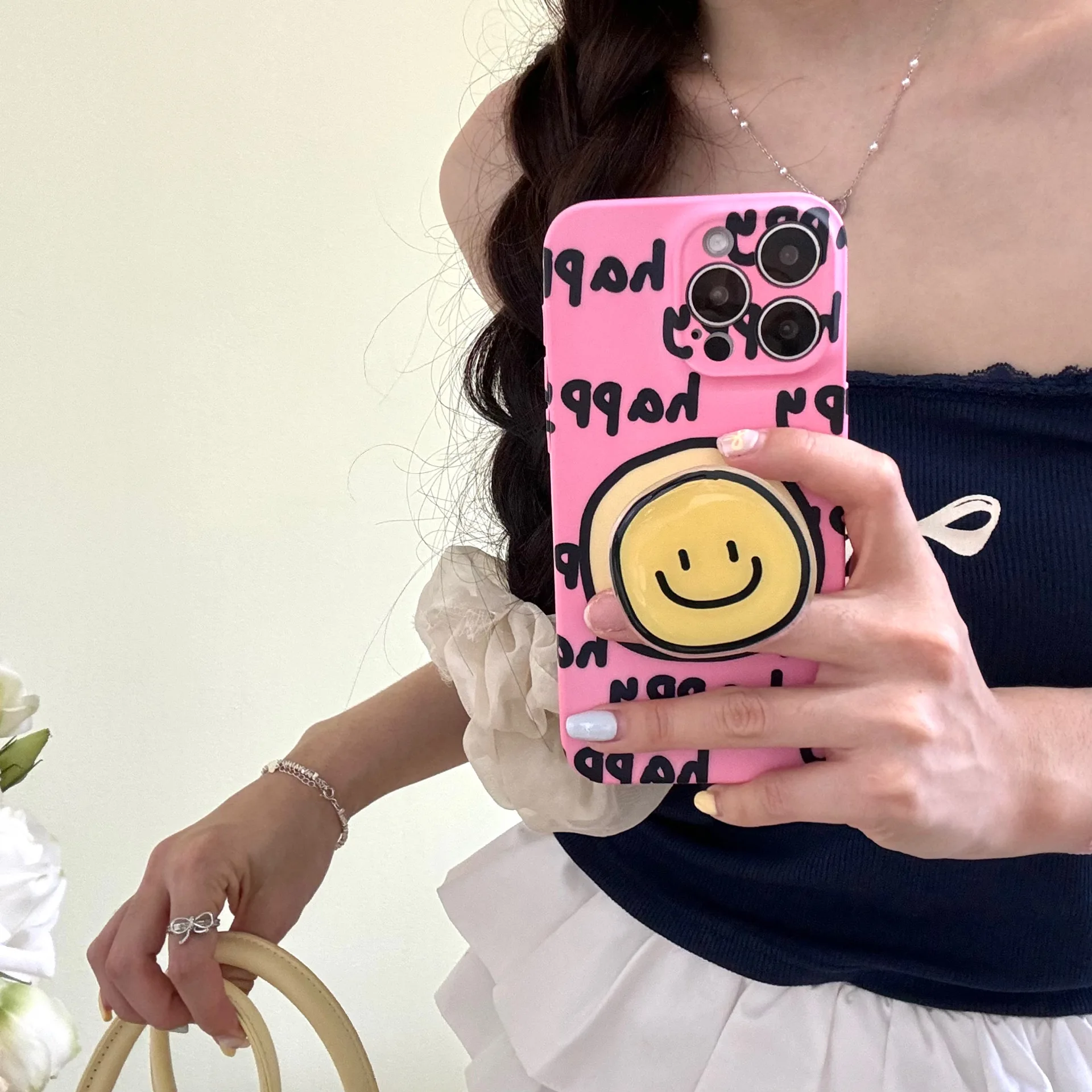 TPU Phone Case for Iphone 11 12 13 14 15 Pro Max INS Style English Smiley Face Full Coverage Phone Cover With Stand