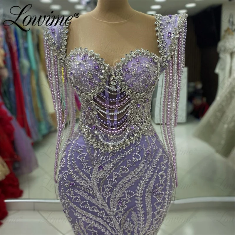 

Sparkly Crystals Tassel Beading Purple Prom Dresses 2024 Mermaid Sequined Long Pageant Party Dress Arabic Evening Gowns Vestidos