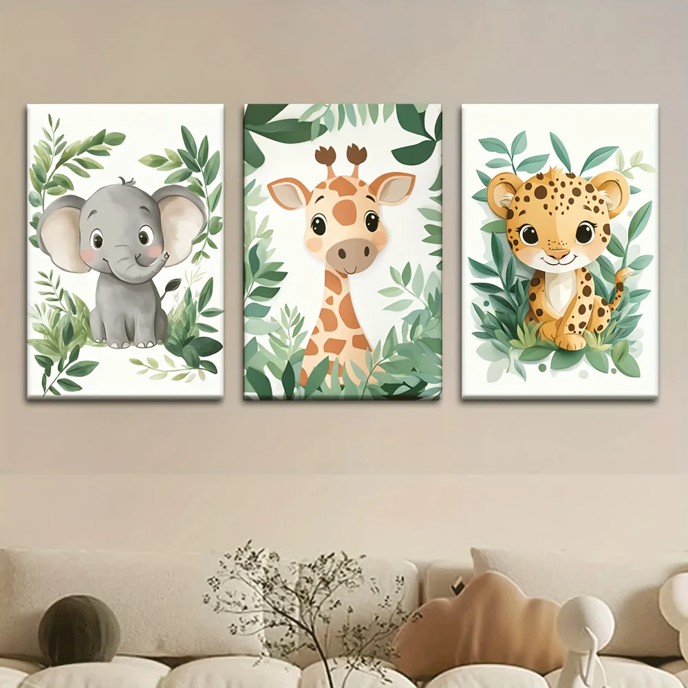 （Noframe 3PCS）-3pcs/set, Canvas Painting--Unframed, Elephant Lion Giraffe Green Leafy Jungle Animal, Artist Drawing Set, Livi