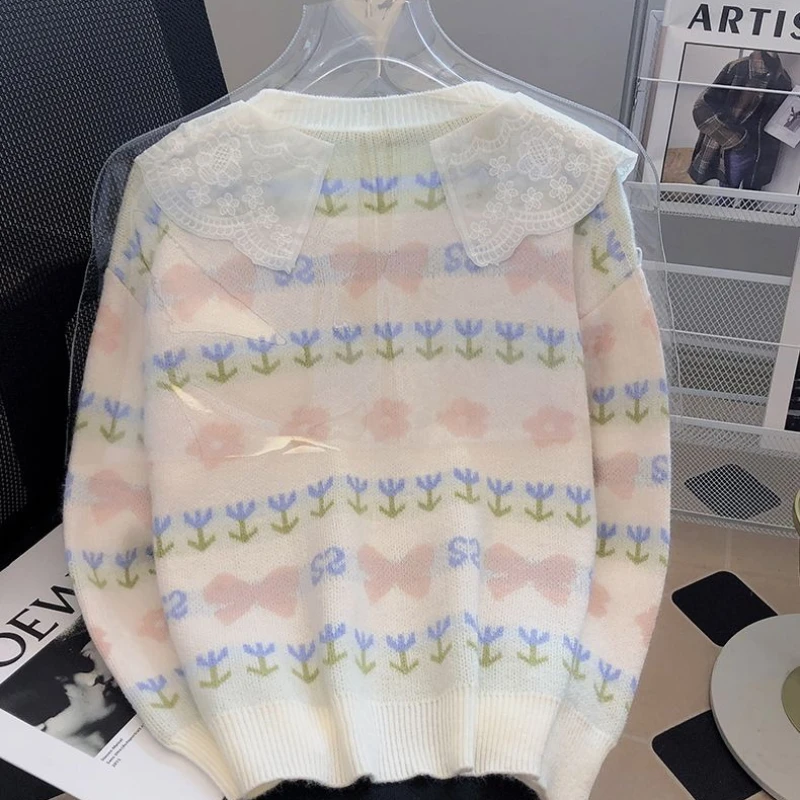 2025 Autumn and Winter Fashion New Women's Elegant Printed Doll Neck Sweet Wind Sweater Design Versatile Cashmere Cardigan