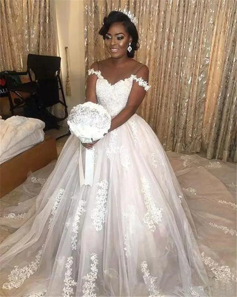 ANGELSBRIDEP Robe De Soiree African Arabic Wedding Dresses Off The Shoulder Lace Appliqued Ball Gown Bridal Gown Plus Size