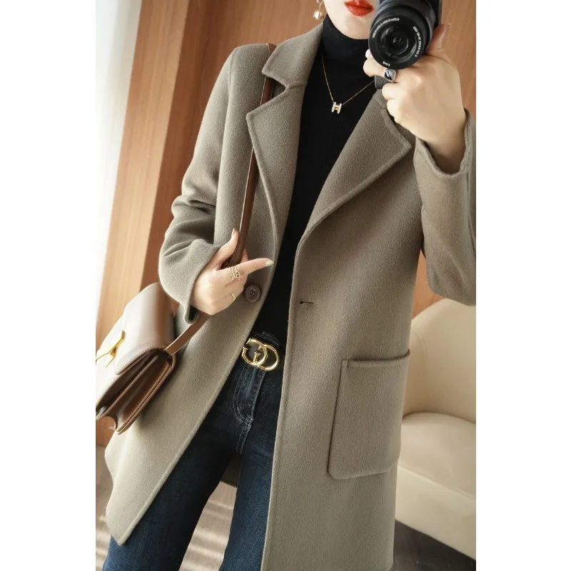 Elegant Women Reversible Cashmere Coat Female Fashion Slim Fit Mid-Length Woolen Outwear One Button Casual Solid Color Outcoat