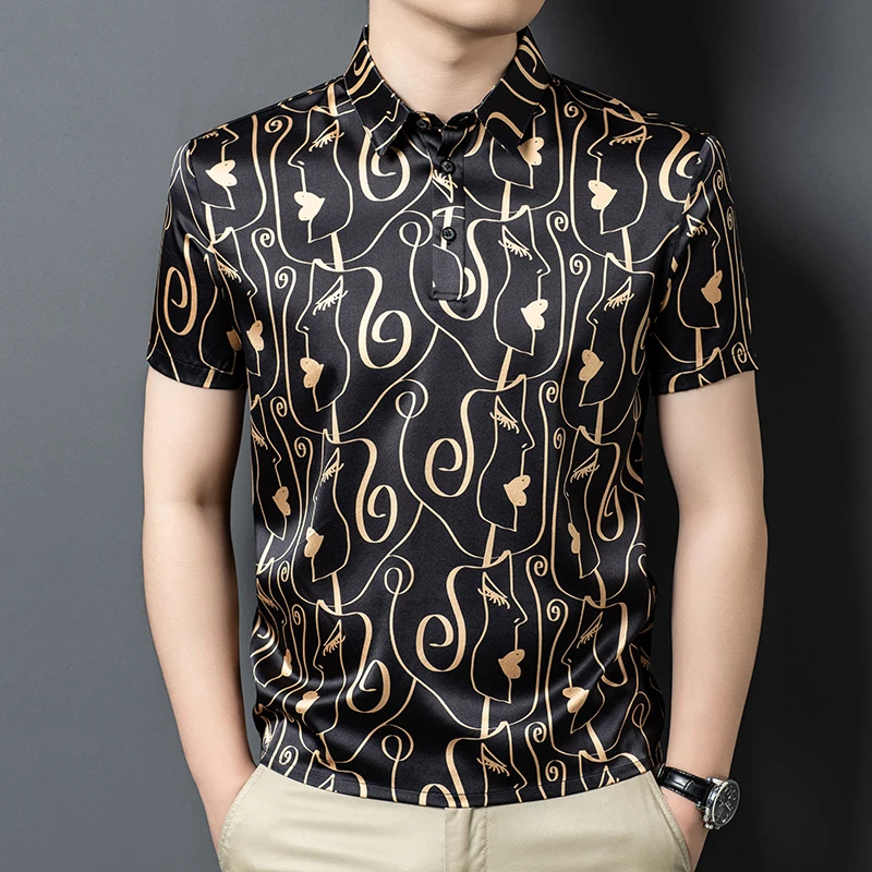 Real Silk Elastane Blend Elastic Polo Shirts For Men Short Sleeve Summer Luxury Cool Feeling Skin-Friendly Print Polos De Hombre