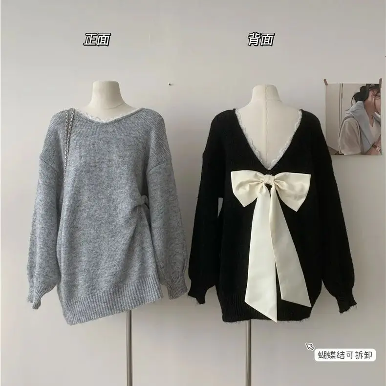 Bow sweater 2024 autumn and winter new style loose and lazy atmosphere backless soft waxy pullover top