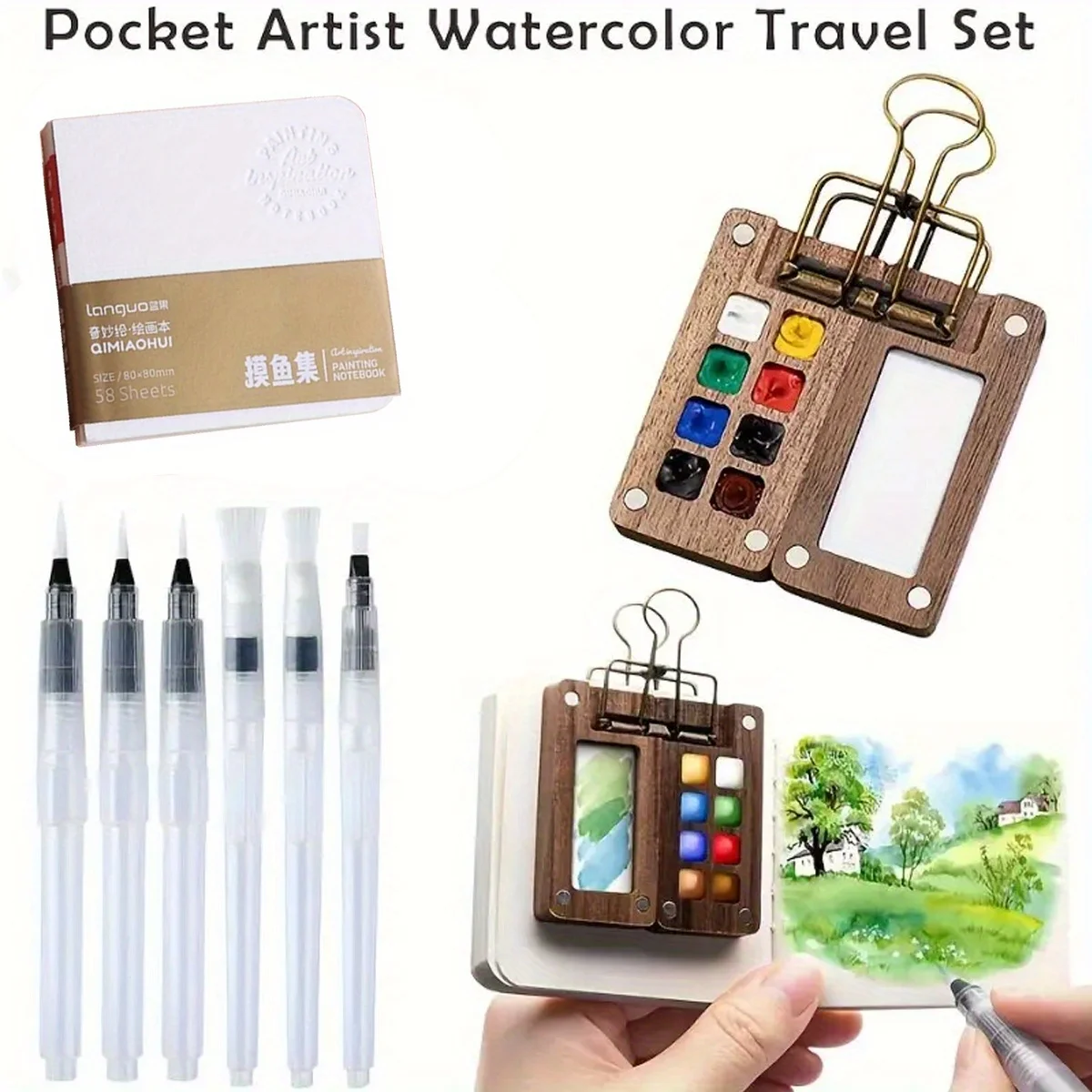 Professional Pocket Artist Watercolor Set - 9pcs Magnetic Wooden Palette Box (8 or 15 Grid) with 6 Brushes, Clip & Sketchbook