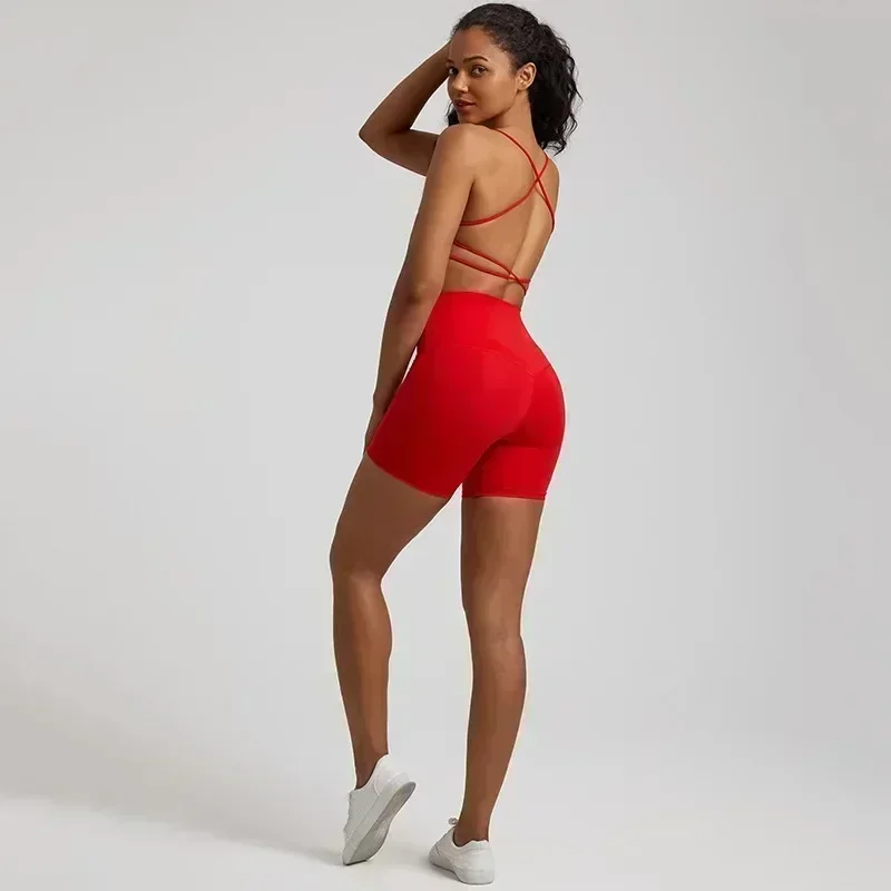 

Lemon Women Gym Yoga Set Workout Training Women Sports Suit High Waist Short Legging And Cross Fitness Bra 2pcs With Chest Pad