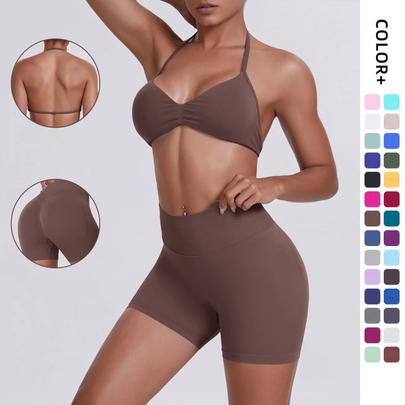 

LEOSOXS Cross-border Seamless Solid Color Backless Halter Bra Shorts Yoga Set Tight-fitting Running Fitness Sports Two-piece Set