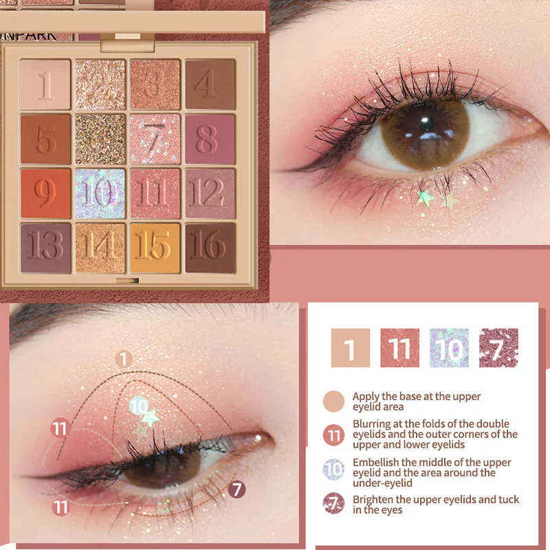 Paleta Cieni do Powiek 16 Kolorów z Brokatem, Połyskiem i Matowymi Wykończeniami Makijaż w Stylu Koreańskim Różowy Brązowy Nude Długotrwałe Cienie do Powiek