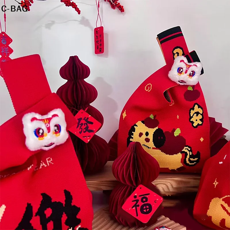 

2026 New Year Large Capacity Cartoon Mascot Pony Knitted Gift Bag Handheld Candy Wrist Bag Cute Reusable Shopping Bag