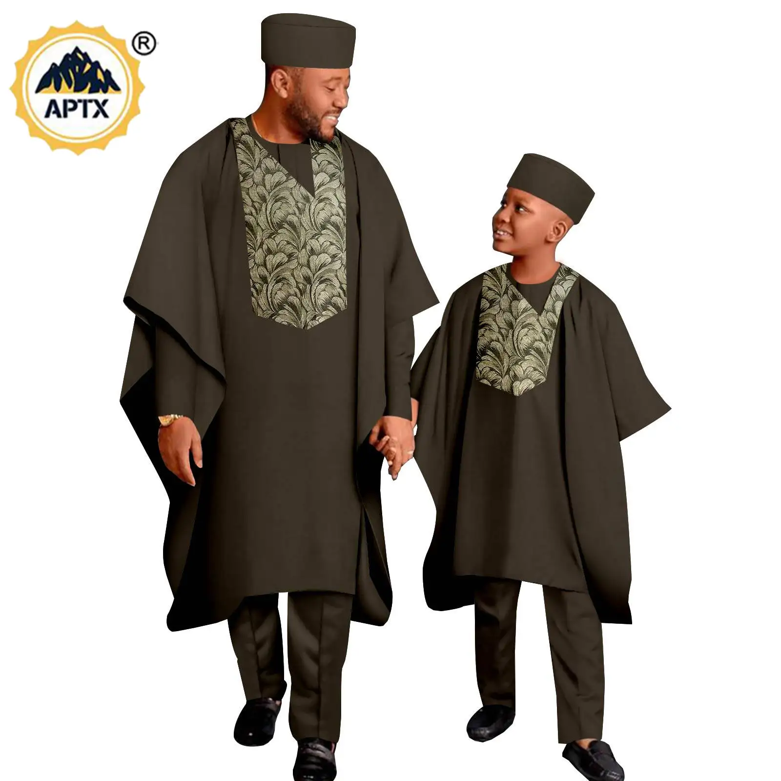 Agbada for Father and Son African Family Matching Clothes Dashiki Top and Pants Robes Hat Sets Men Outfits Wedding Suits 24F003