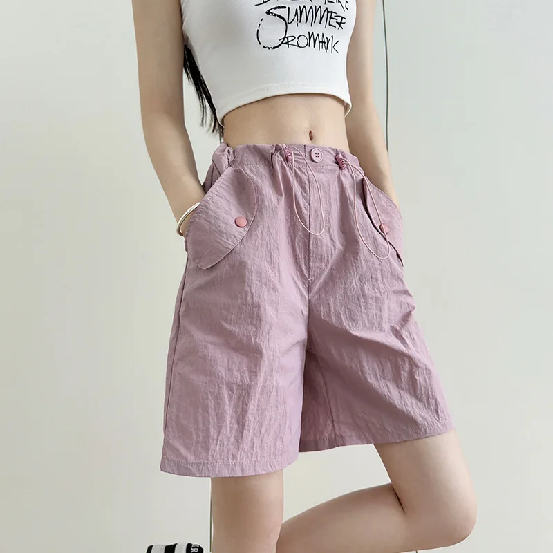 

2026 new grey workwear shorts women's summer loose sports pants casual quick drying high waist wide leg five quarter pants