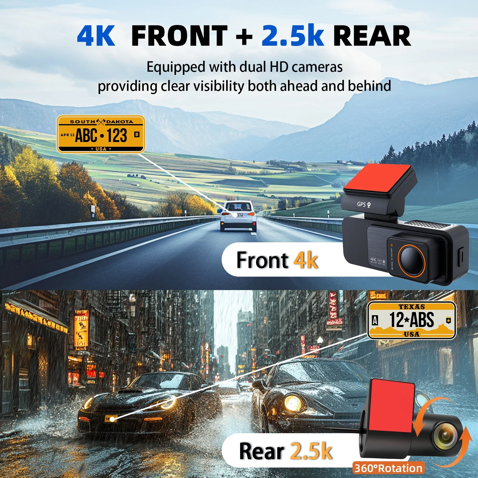 Aprilboy 3.2 นิ้ว 4K Dash Cam Dual เลนส์ UHD การบันทึกรถกล้อง DVR Night Vision Video Recorder WiFi ในตัว GPS ที่จอดรถ 24H