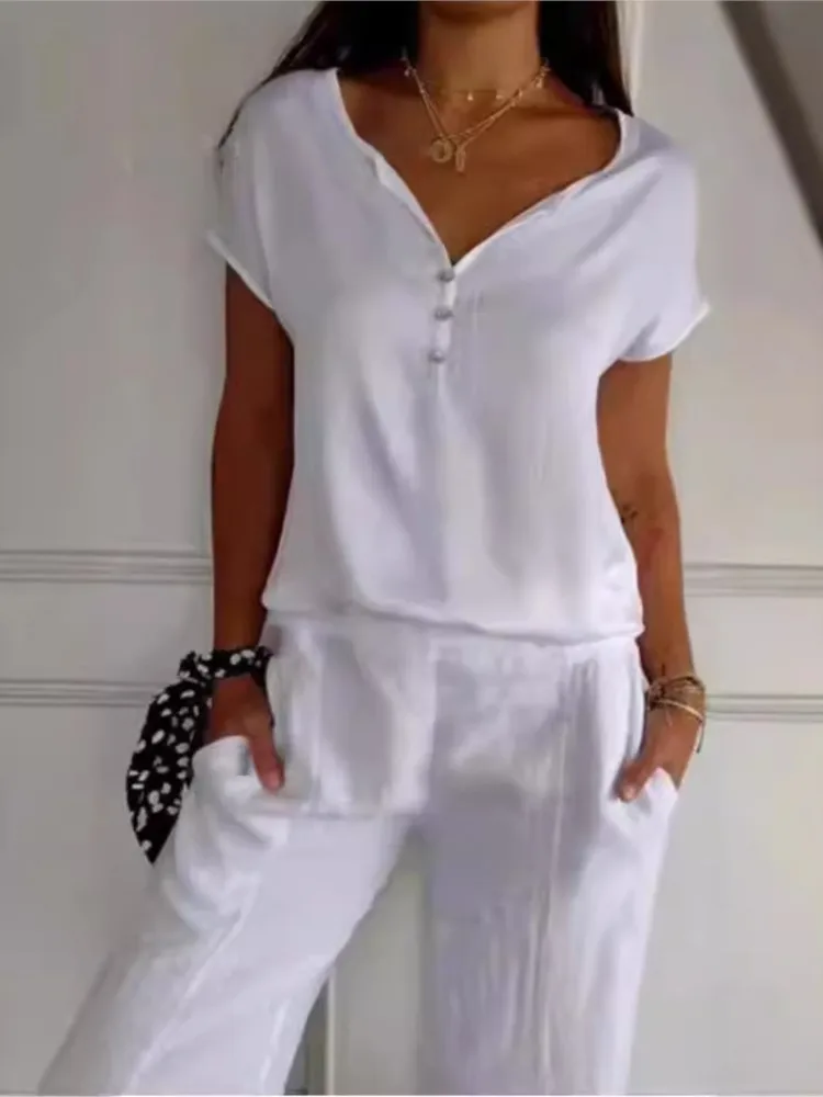 Women Short Sleeve T-shirt Top Fashion Casual Solid V Neck Pullover Button Tshirts Tops For Women Summer New Womens Clothing
