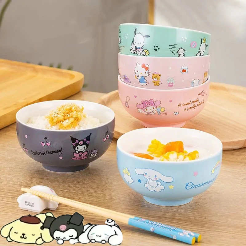 Sanrio Kawaii Hello Kitty Bowl Cartoon My Melody Ceramic Household Small Rice Bowl Fruit and Vegetable Plate Cute Tableware