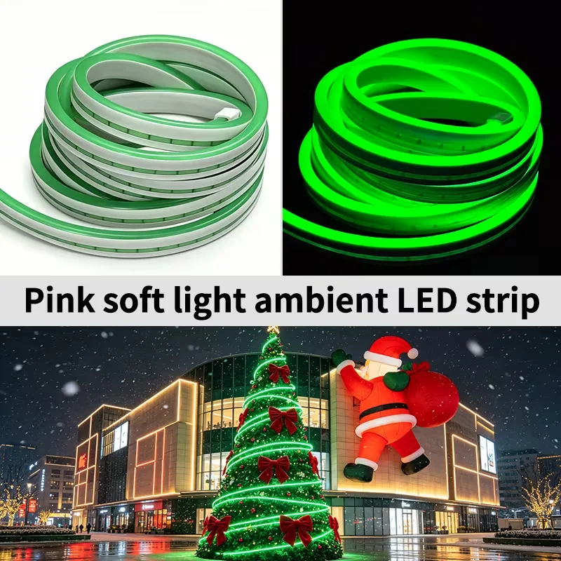 1m / 2m / 3m / 4m / 5m / 6m ，Christmas tree decorative ambient light strip, low voltage 5V, USB powered, green neon LED light strip, physical buttons, IP65 waterproof green ambient decorative neon LED light strip, used for Christmas tree decoration, home ambiance, plant decoration, gaming and racing car ambiance LED light strip