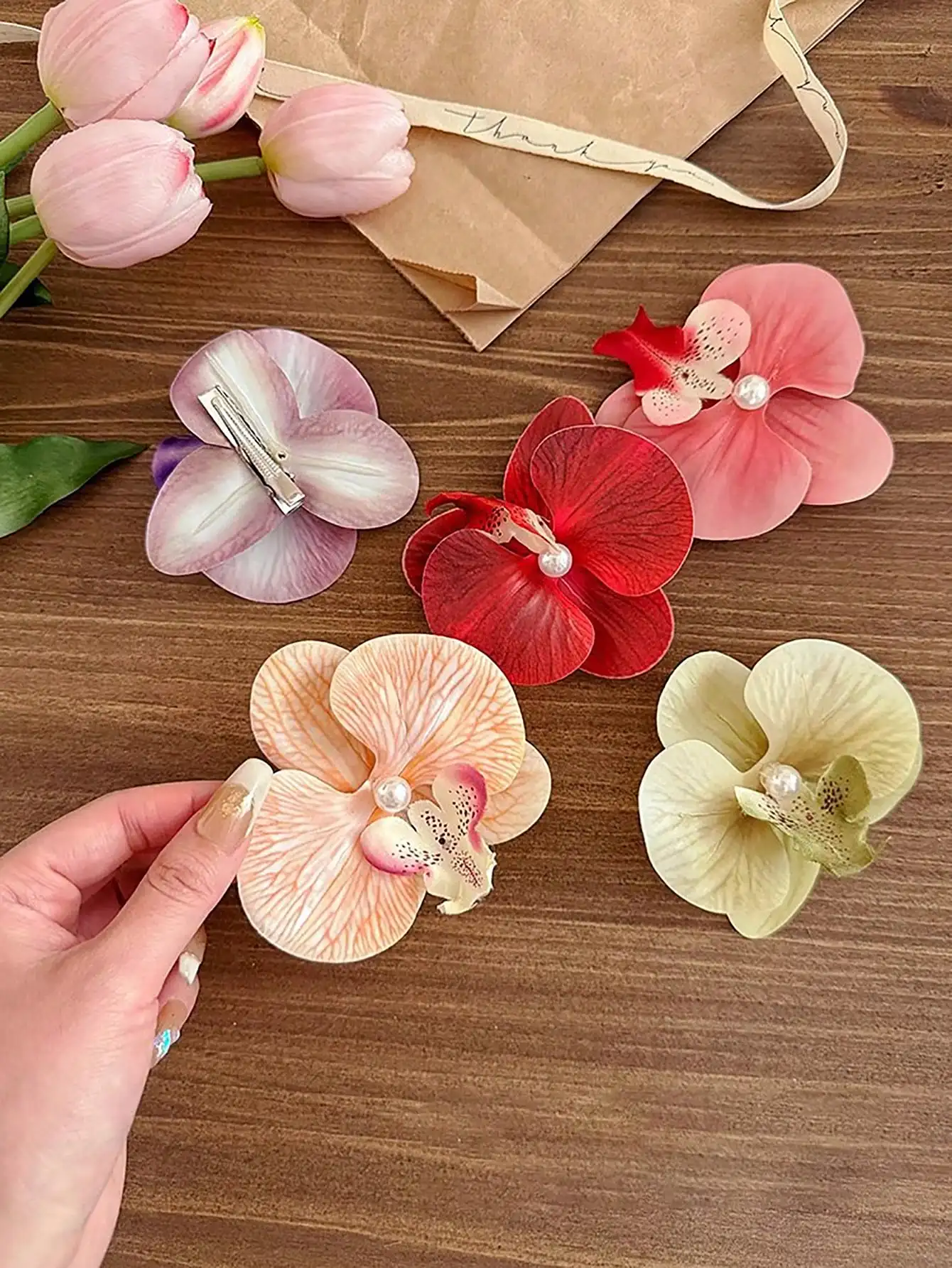 

9pcs Faux Orchid Flower Hair Clips For Women, Elegant Floral Hairpins For Daily Beach Wedding